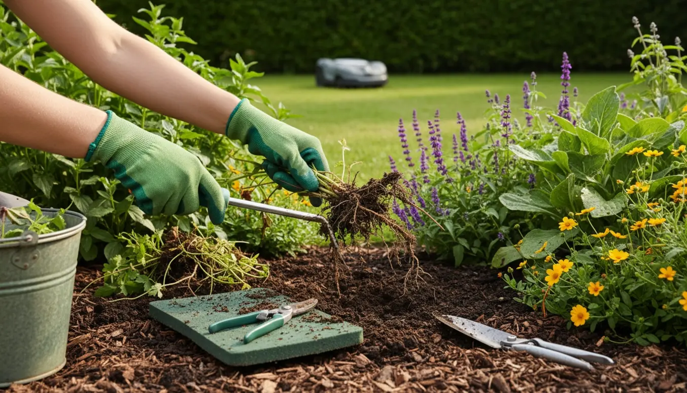 Hænder i havehandsker fjerner ukrudt fra et bed med haveværktøj og en robotplæneklipper i baggrunden.