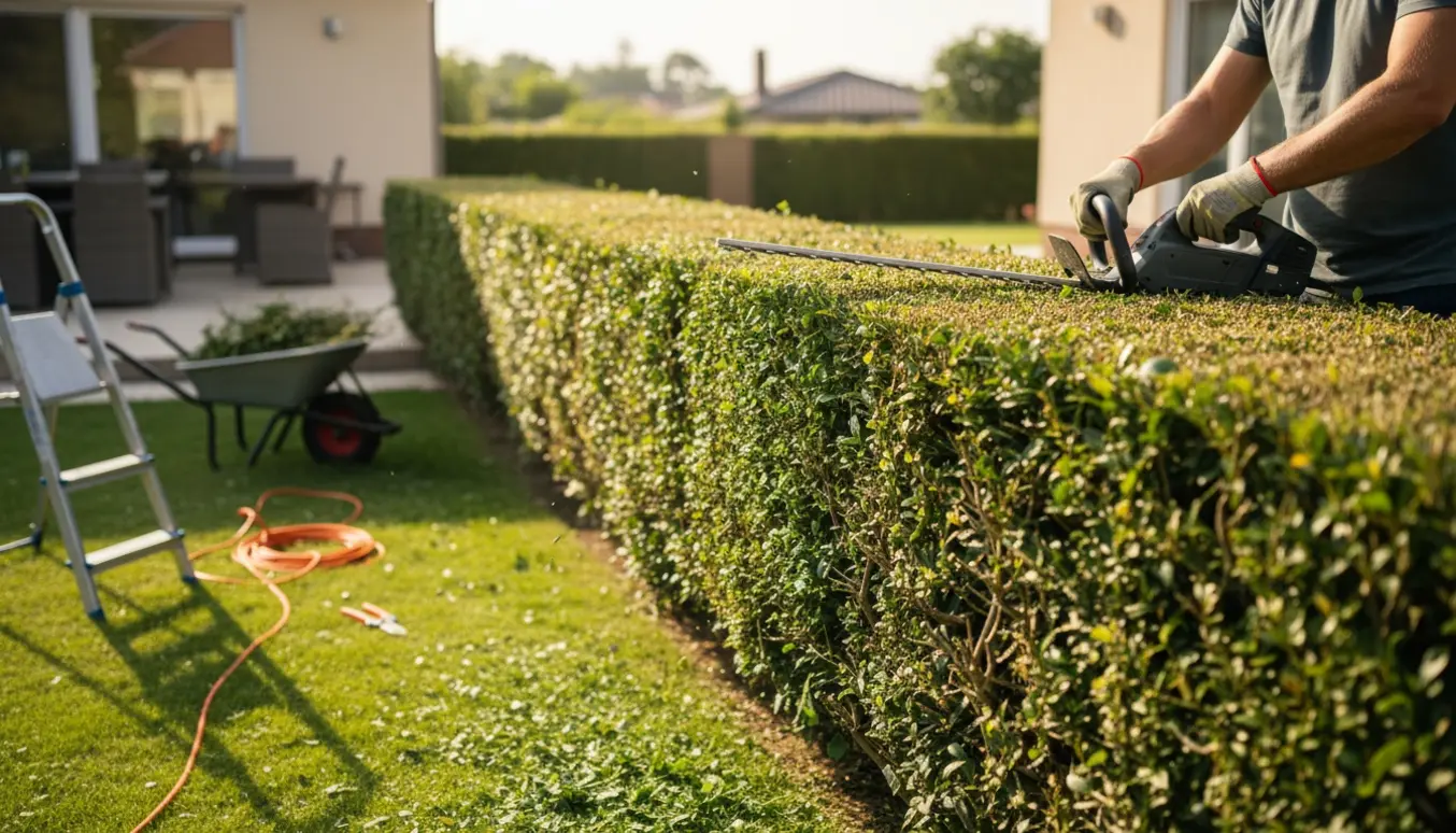 Gartner trimmer en hæk med hækklipper i en solrig have, ansigtet er ikke synligt.