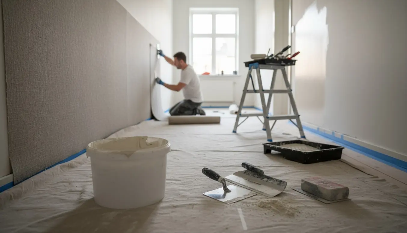 Gang under renovering med spartel, opsat filt og nymalede vægge samt værktøj på afdækket gulv.