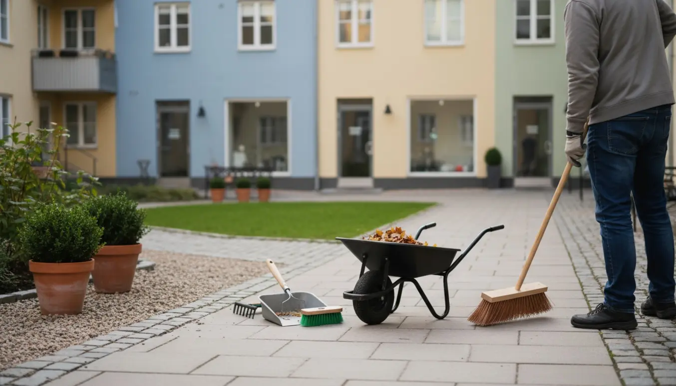 En gårdmand fejer fortovet foran en lille ejendom og gårdhave i Odense SV.