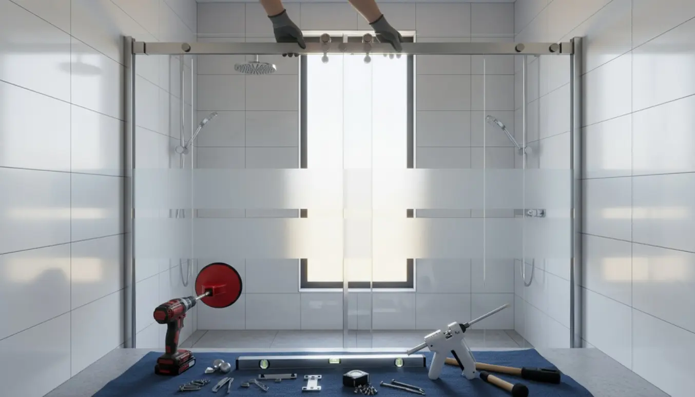 Montering af dobbel skydedør i glas i et moderne badeværelse med værktøj.