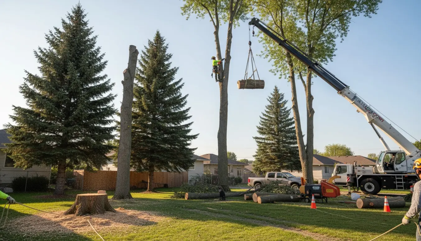 Kran løfter afskårne træsektioner mens arborist fælder toppen af en sølvpoppel i en parcelhushave.