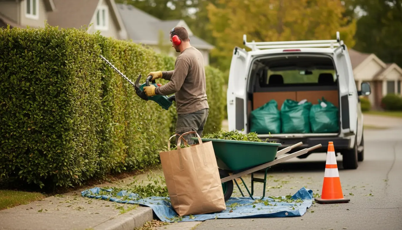 En havearbejder klipper en hæk ud mod vejen og samler afklip i en trillebør.