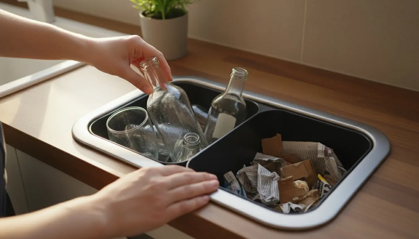 Hænder lægger glasflasker og krøllet papir i en moderne to-delt affaldsspand i et lyst køkken.