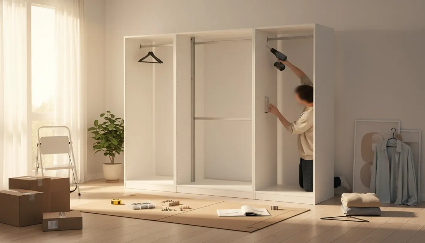 Delvist samlet hvid PAX-garderobe i et solbelyst værelse med værktøj og skruer på gulvet.