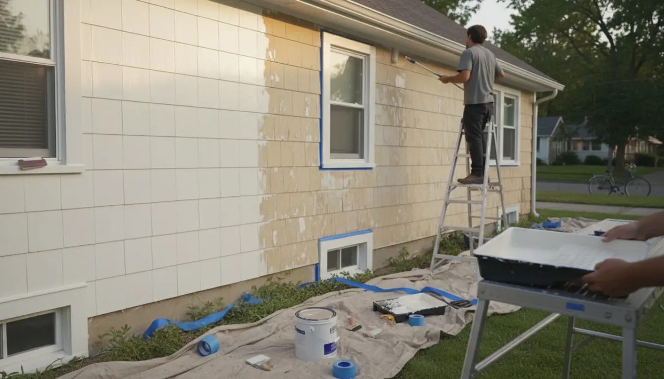 Husfacade bliver malet med plastikmaling fra en stige, med vej og nymalede flader i baggrunden.