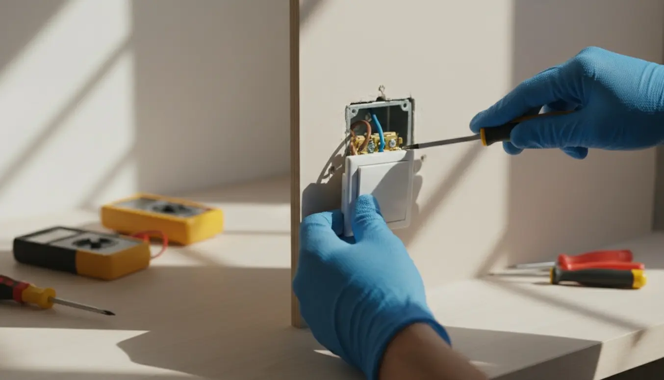 Hænder i handsker forbinder farvede ledninger til en vægkontakt med værktøj ved siden af.