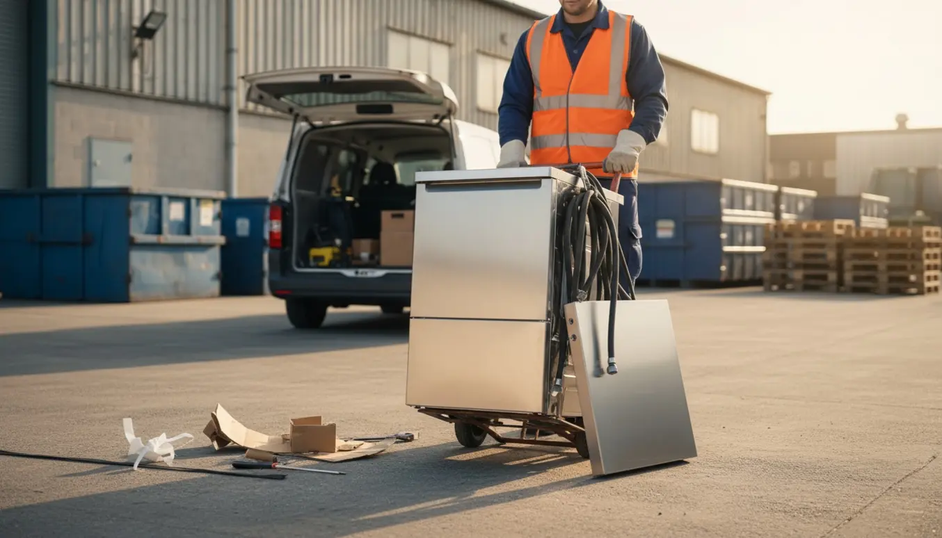Afmonteret opvaskemaskine på sækkevogn afleveres ved genbrugsstation uden for bygningen.