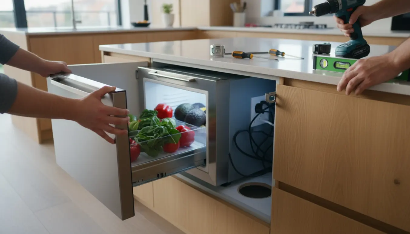 Skuffekøleskab bliver skubbet ind under køkkenbordet, hænder med værktøj justerer enheden i en moderne køkkenindretning.