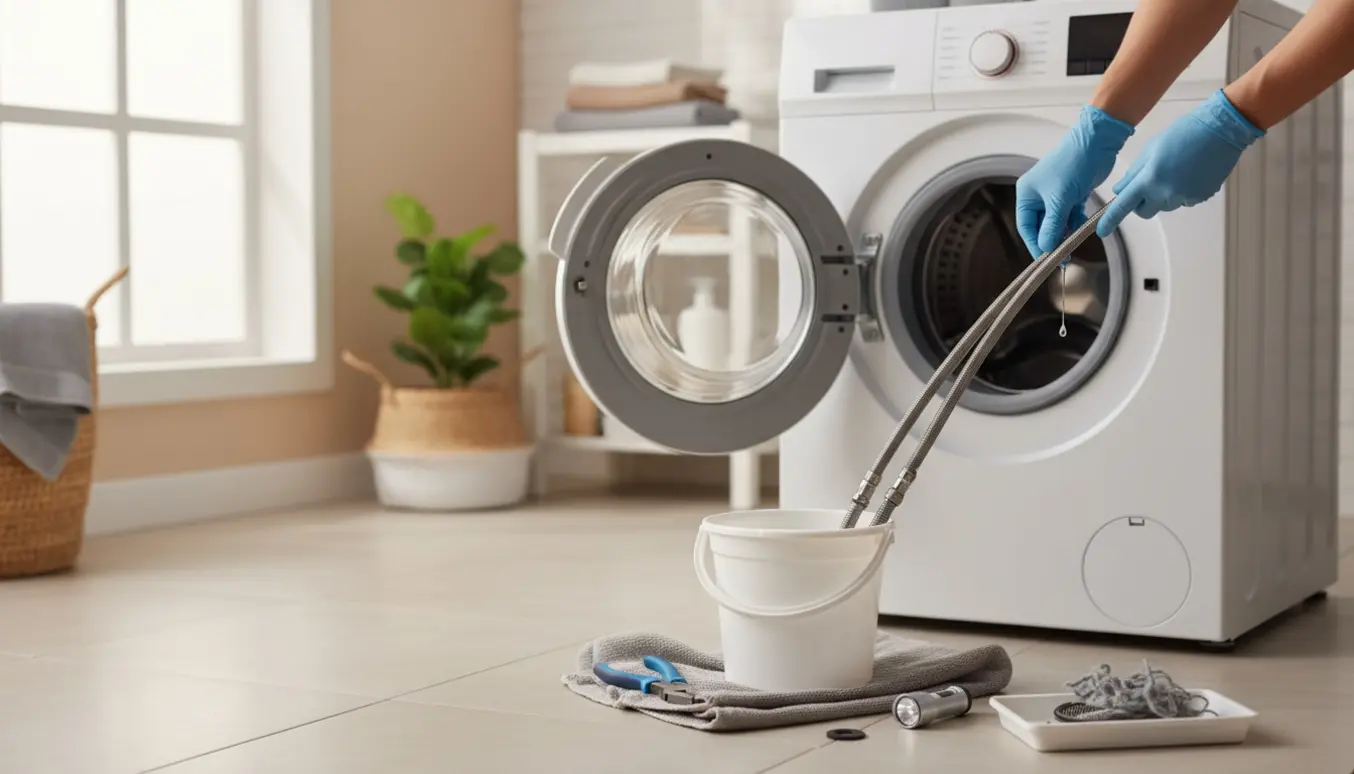 Hænder afmonterer vandslanger på en vaskemaskine med spand, værktøj og filtrene ved siden af.