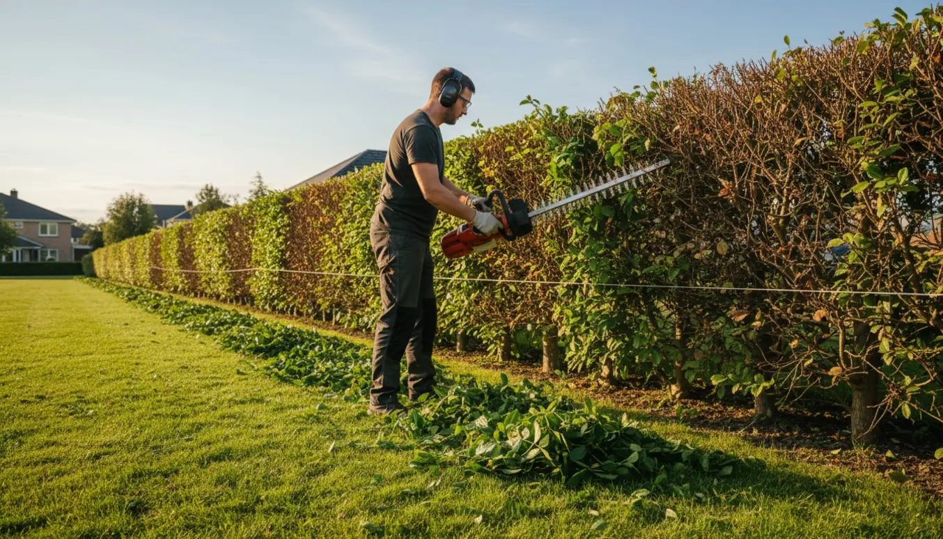 Gartner beskærer den ene side af en 25 m lang, 1,8 m høj hæk med en motorhækkeklipper.