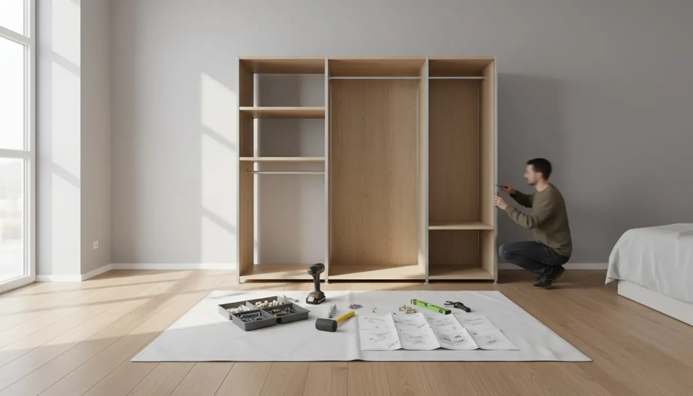 Delvist samlet 1 meter bredt PAX-stel i et lyst værelse med værktøj og hænder i arbejde.