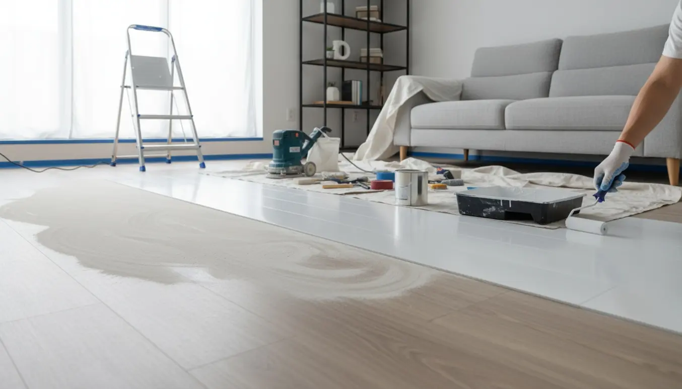 Delvist slibet og nymalet laminatgulv i en stue med maleruller og afslibningsmaskine.