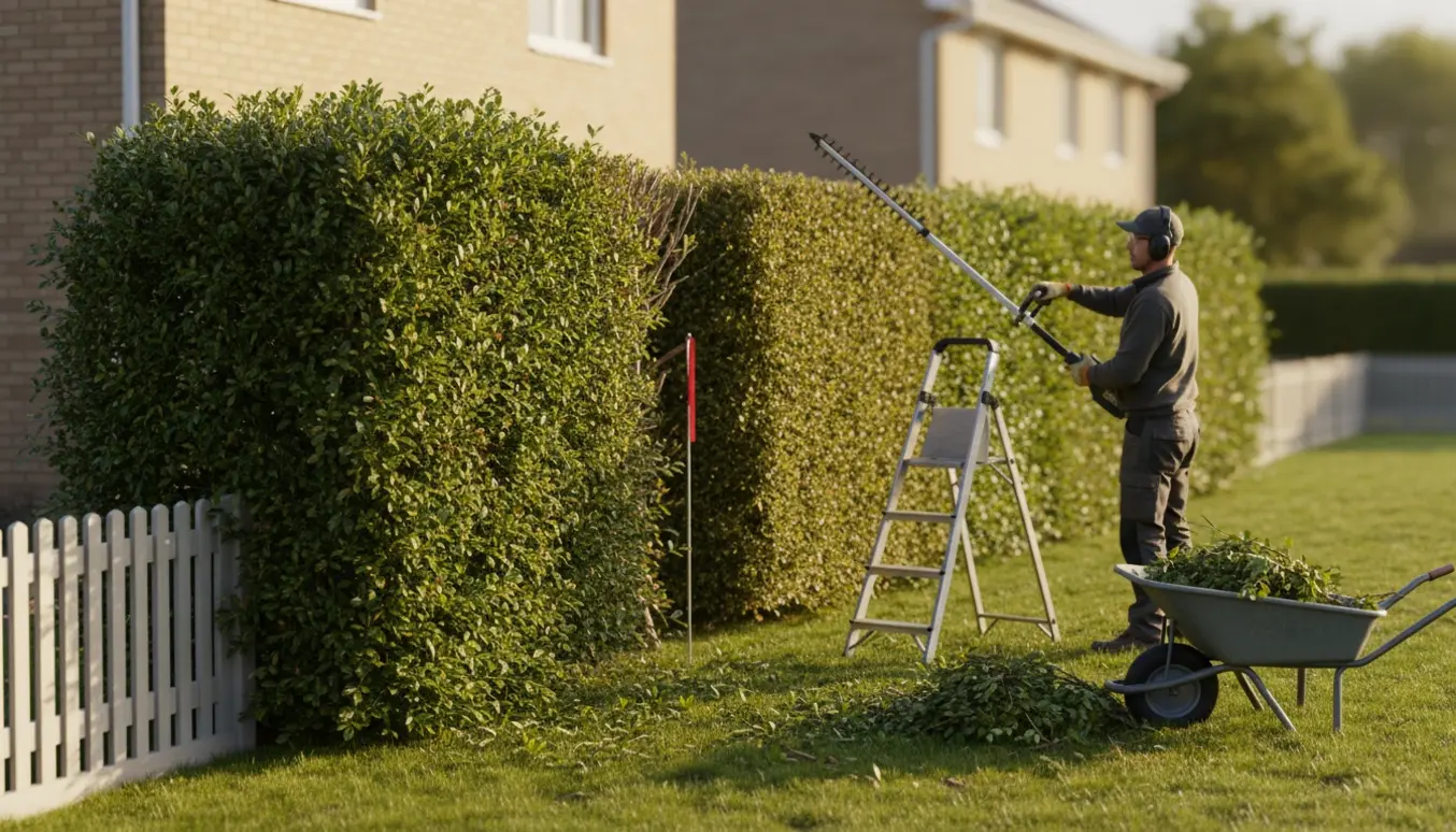 Lang havehæk bliver trimmet med en teleskophækkeklipper, afklippede grene ligger i en bunke.