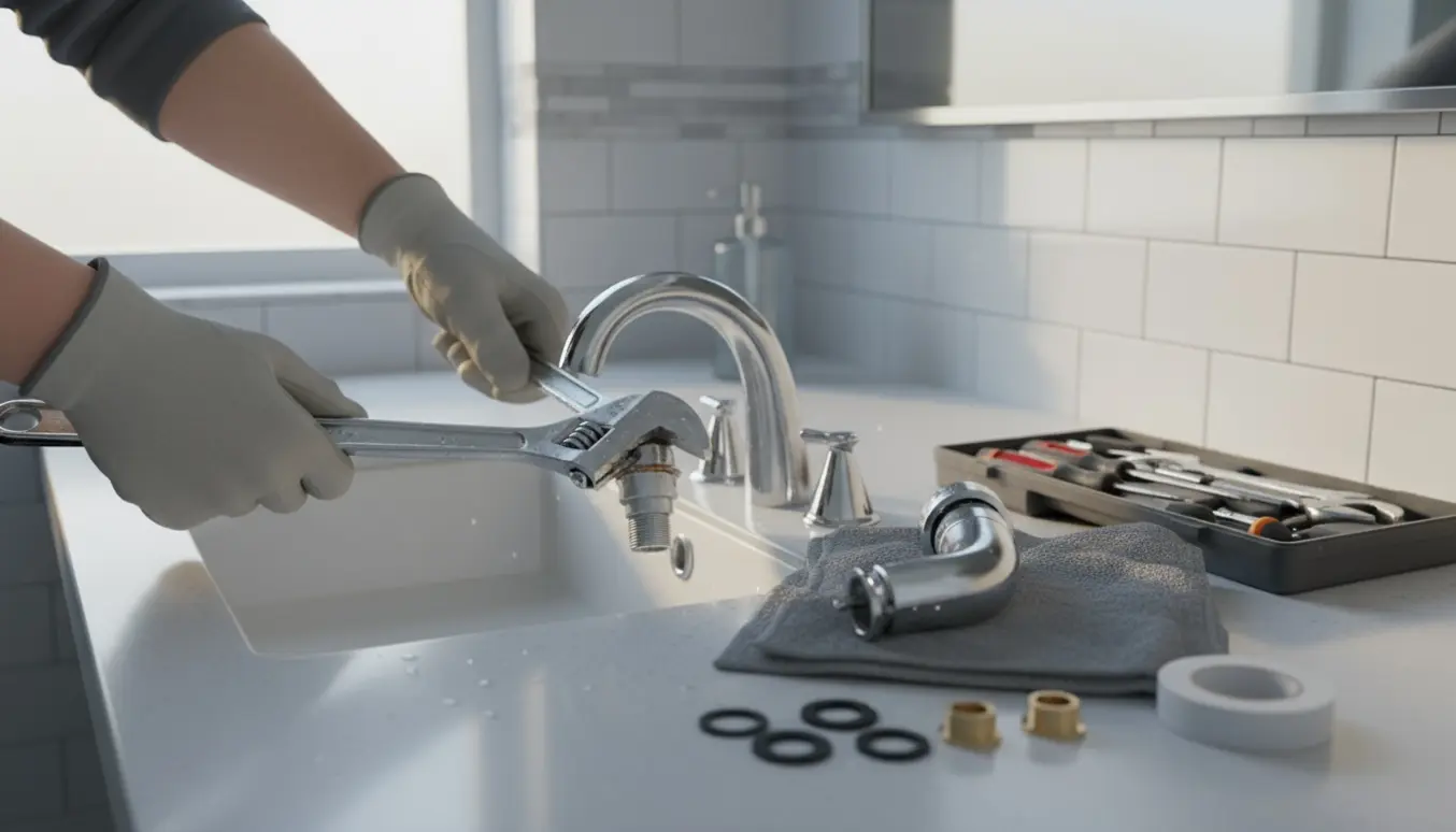 Nærbillede af hænder, der skifter et krom blandingsbatteri over en hvid håndvask med værktøj og reservedele.