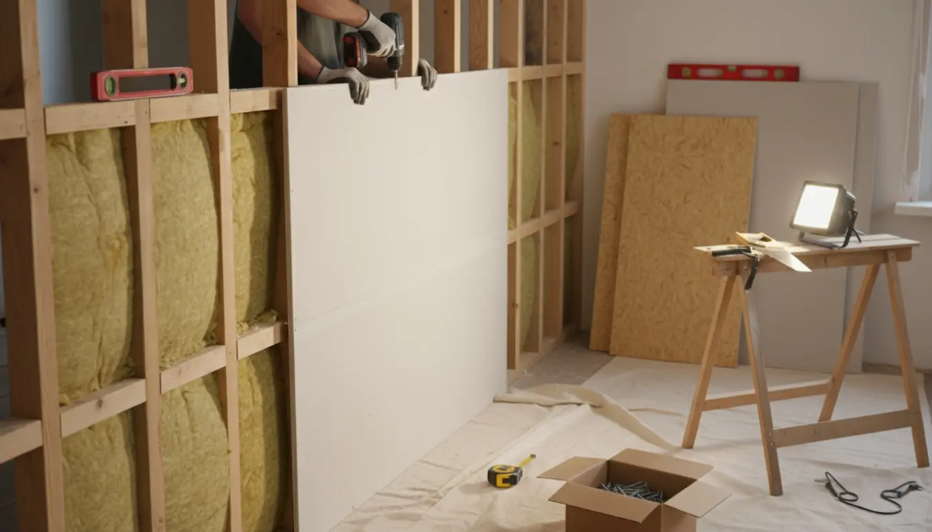 Montering af isoleret skillevæg i et børneværelse med lægter, gips- og sponplader samt værktøj i forgrunden.