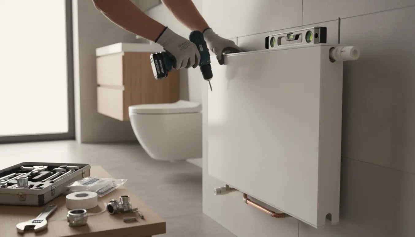 En håndmonterer en ny radiator i et nyligt renoveret badeværelse med synlige rør og værktøj.