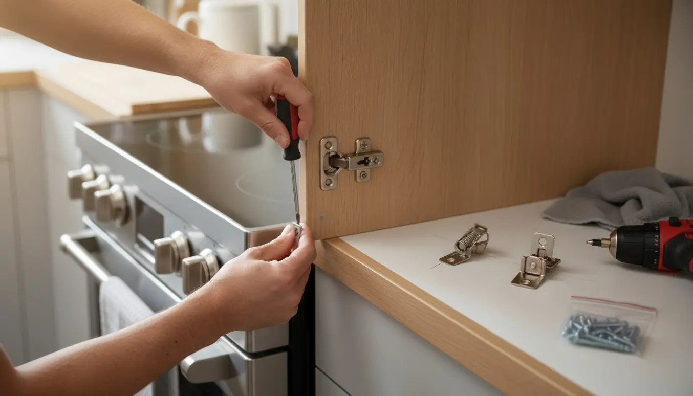 Nærbillede af hænder, der monterer et fjederhængsel uden kopbor på en køkkenskabslåge over komfuret.