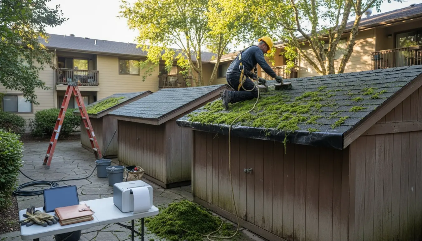 Fagperson fjerner mos fra et skurtag med værktøj og en tom printer ved arbejdsposten.