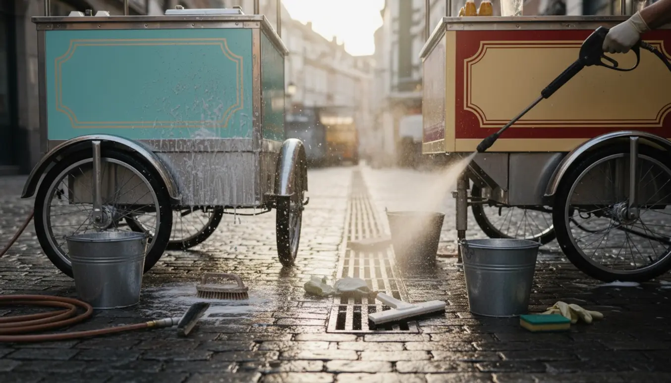 To serveringsvogne — en isvogn og en pølsevogn — bliver bundrengjort med børste og højtryksrenser på en fugtig brostensbelægning.