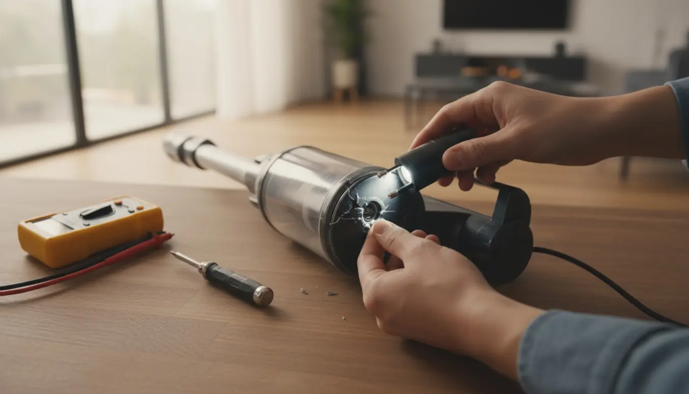 Støvsuger lagt på siden med synligt beskadiget opladerstik, reservedel og værktøj på et arbejdsbord.