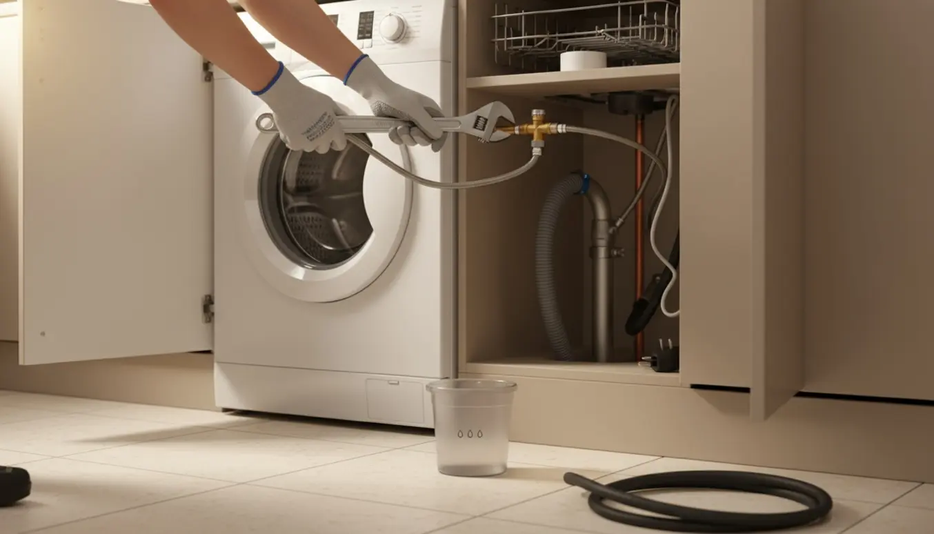 Hænder tilslutter vaskemaskinens vand- og afløbsslanger i et åbent skab ved siden af en tilsluttet opvaskemaskine.
