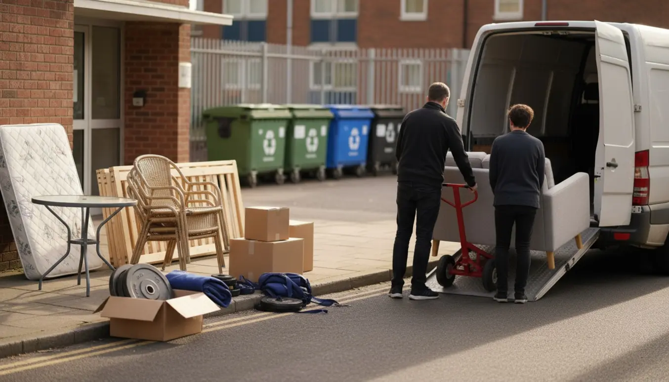 To personer læsser en lille sofa og andre møbler ved en hvid varevogn klar til aflevering på genbrugspladsen.