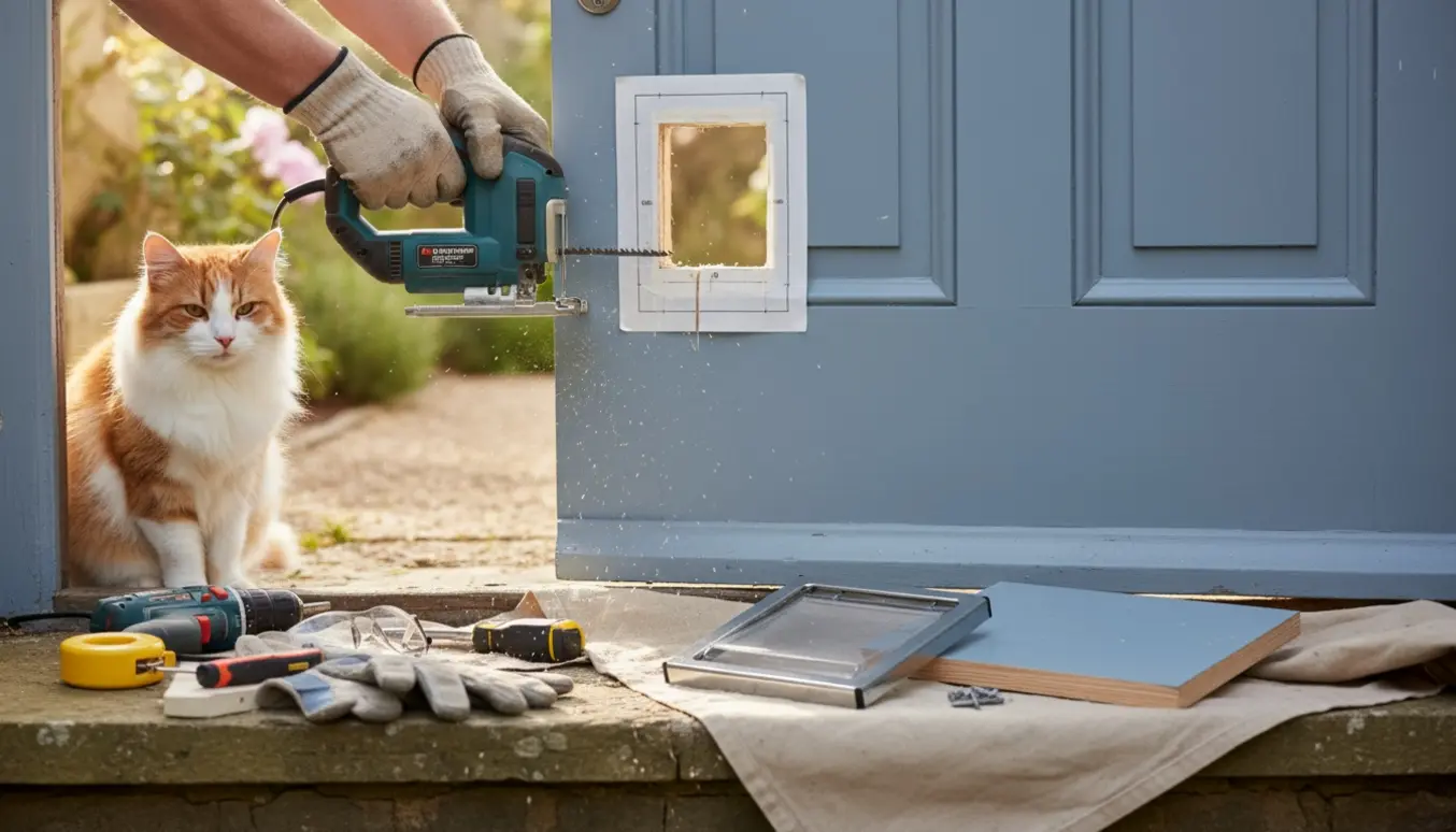 Nærbillede af installation af en kattelem i en hoveddør med værktøj og en kat ved døren.
