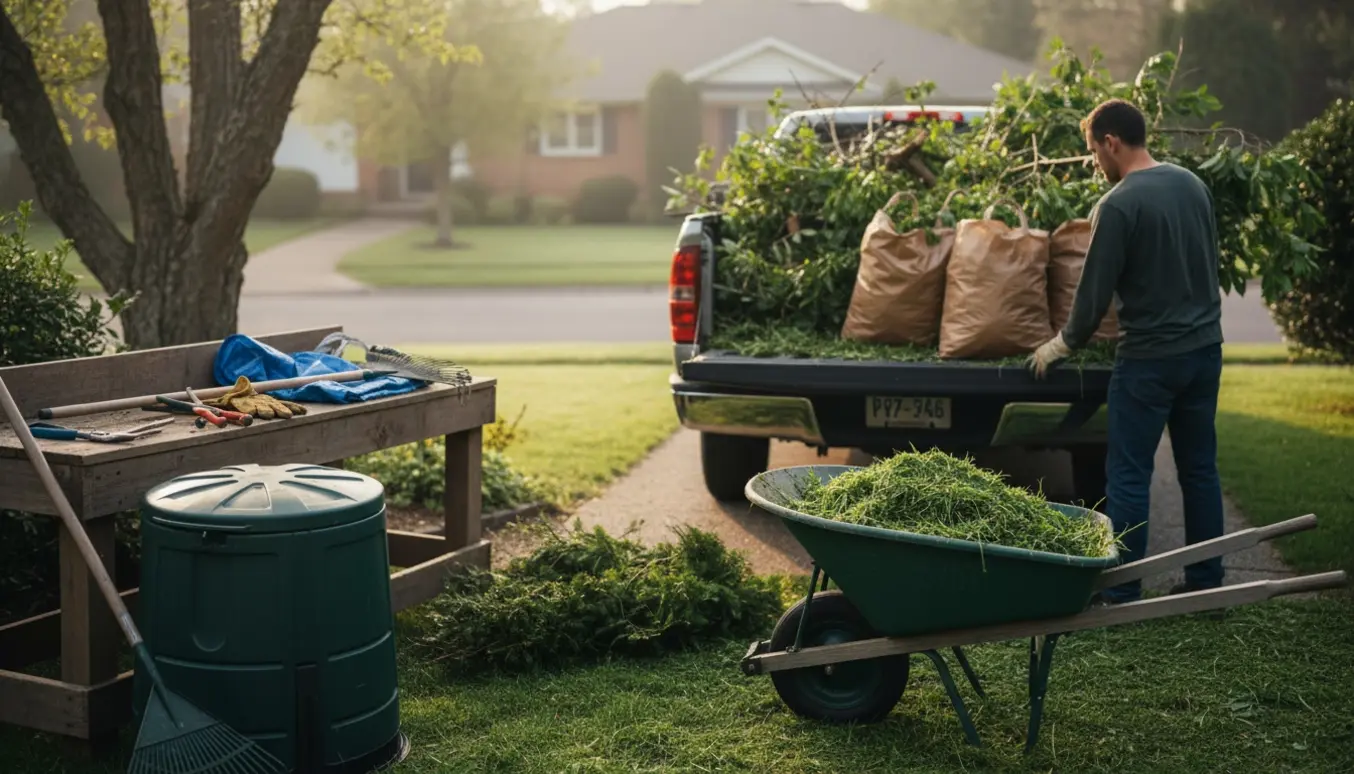 Haveaffald læsses i en pick-up på indkørslen med trillebør, beskærersakse og poser klar.