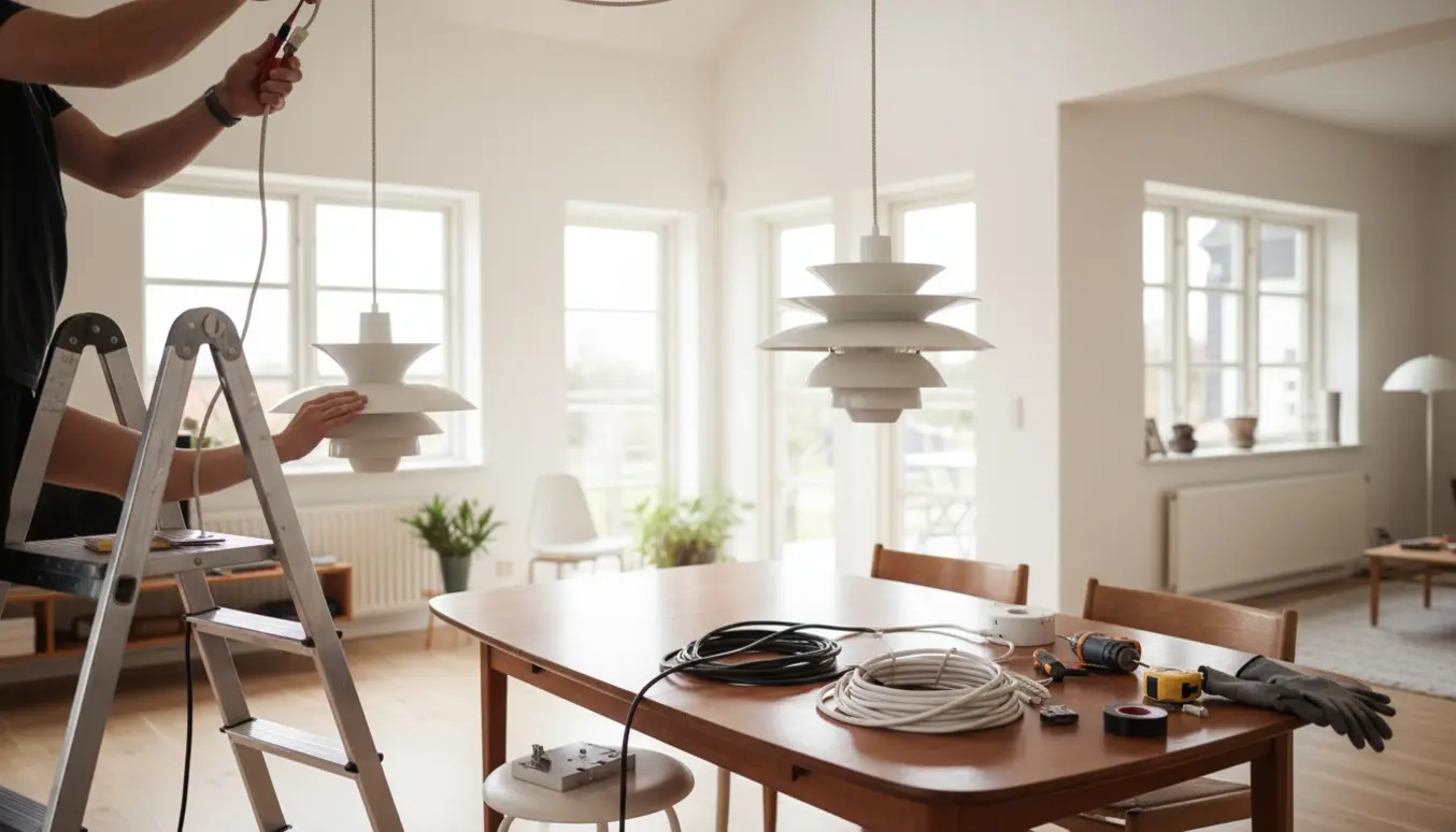 To PH5-pendellamper hænges op over et træspisebord med stige og værktøj i et lyst skandinavisk rum.