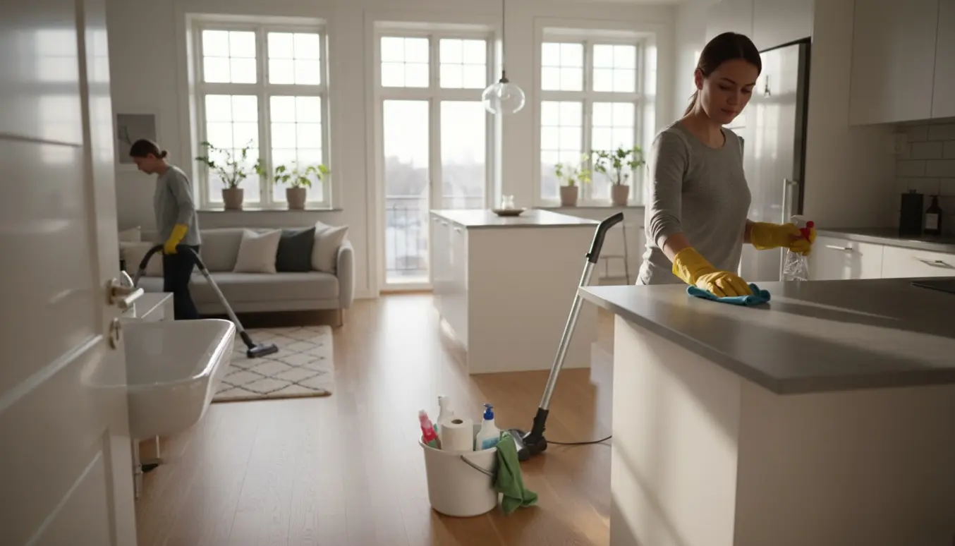 Rengøringsperson set bagfra pudser køkkenbord i en lys, skandinavisk lejlighed med ryddet stue og synligt badeværelse.