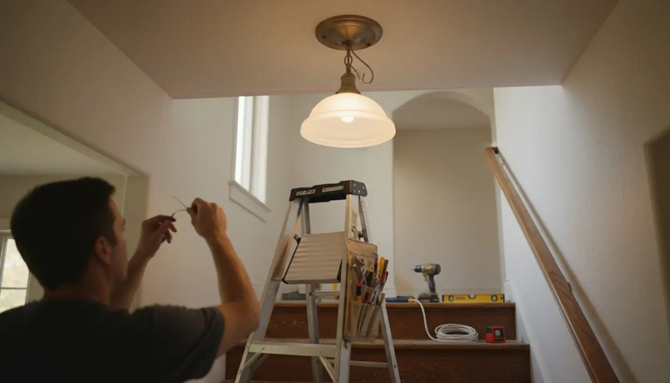 En person på en stige justerer en ny lampe, der hænger centreret over en trappe.