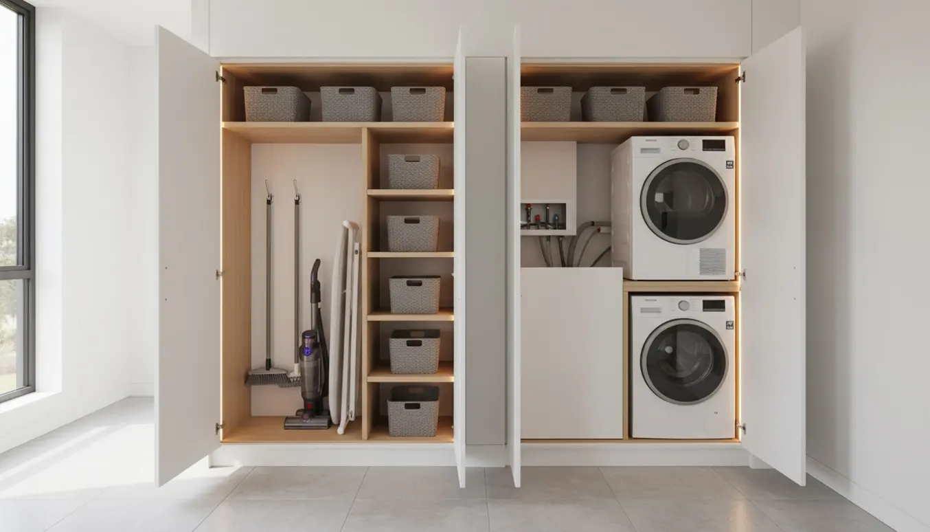 Indbygget gulv-til-loft skab med åben højre sektion til vaskemaskine og tørretumbler og venstre rum til opbevaring af støvsuger.