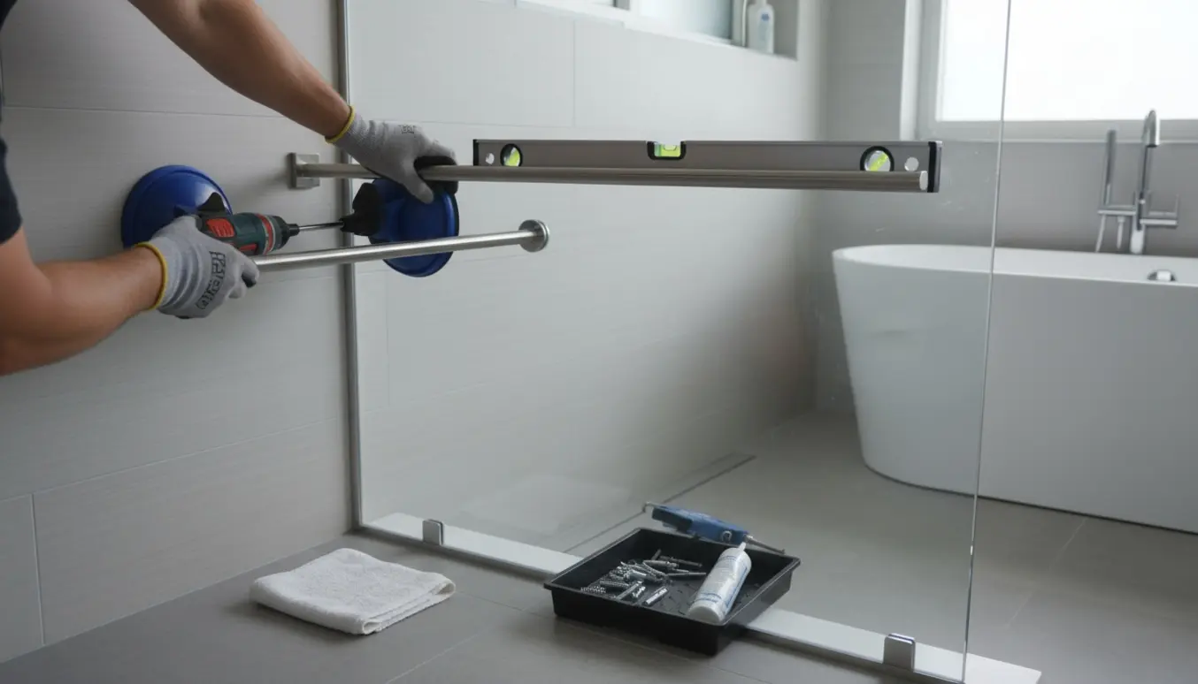 Hænder monterer en glasbrusevæg og en krom bruserholder i et moderne flisebadeværelse.