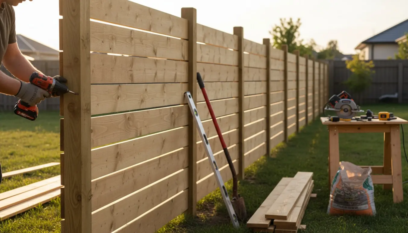 Nybygget træhegn på ca. 12–13 meter med trykimprægnerede stolper og bræt-på-bræt beklædning, håndværker i arbejde.