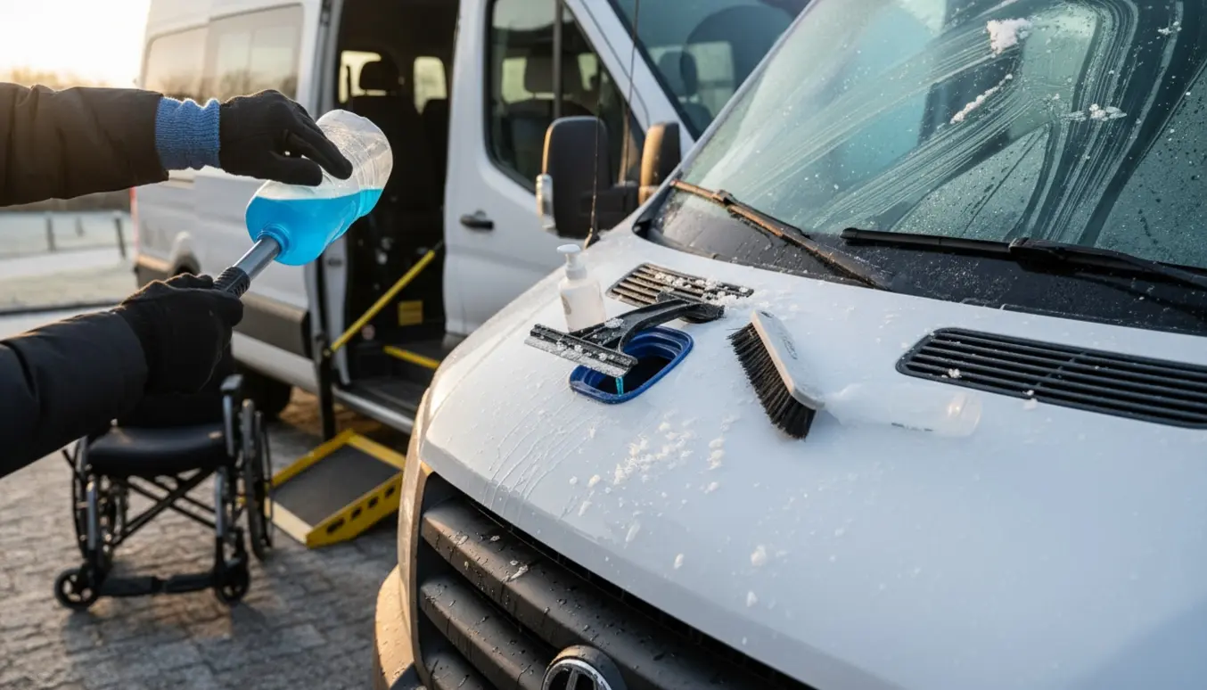 Hands skraber is af en handicap-tilpasset varevogns forrude og fylder sprinklervæske på en frostklar morgen.