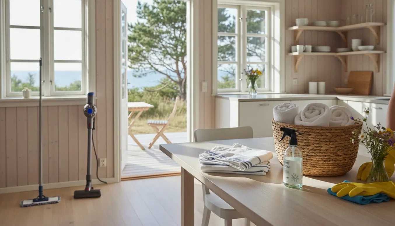 Nyrenset sommerhus i Vellerup med rengøringsudstyr, friske tekstiler og åbent vindue mod fyrreskov og kyst.