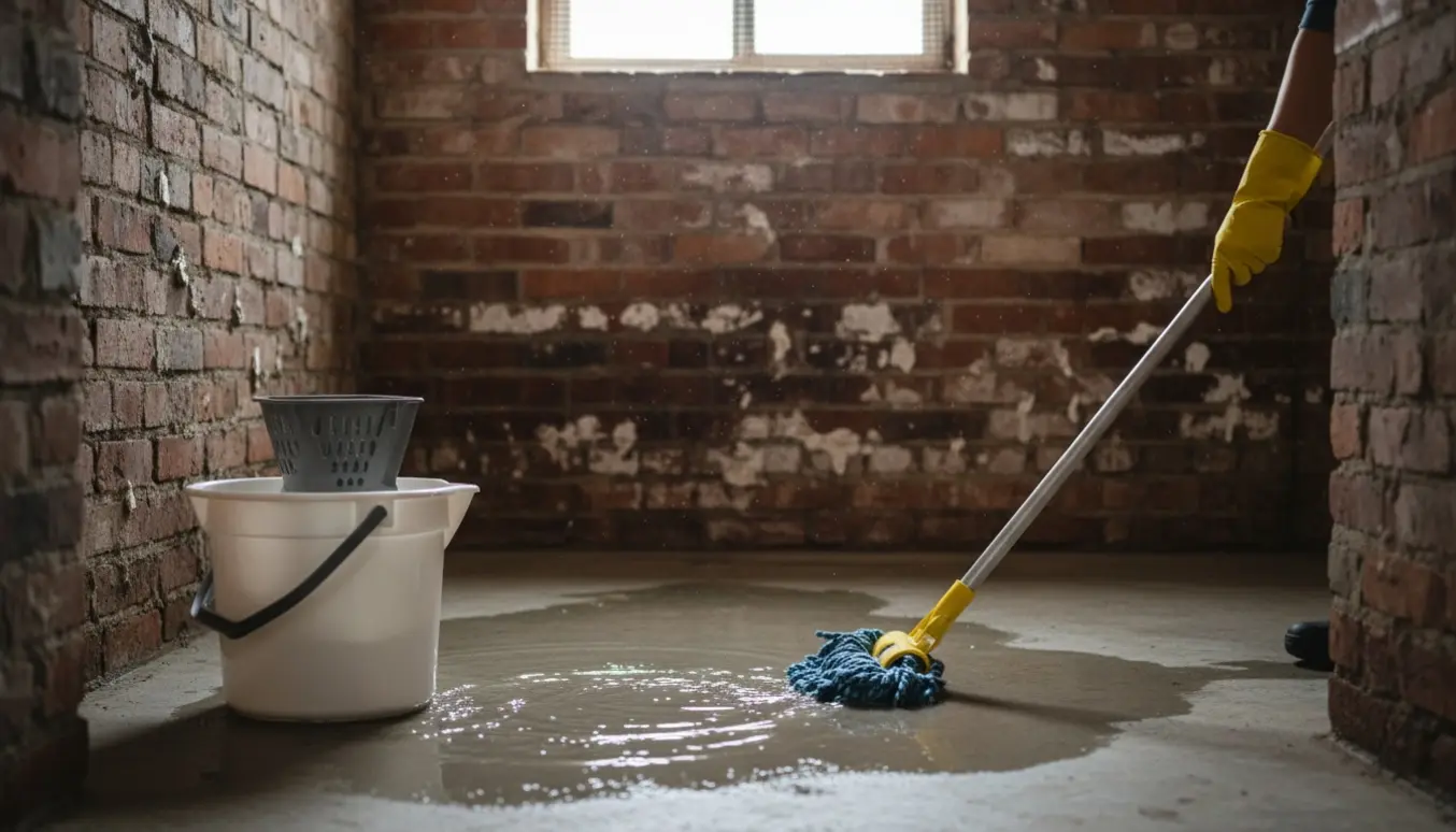 Gulvmoppe og spand fjerner grundvand fra et fugtigt kældergulv.
