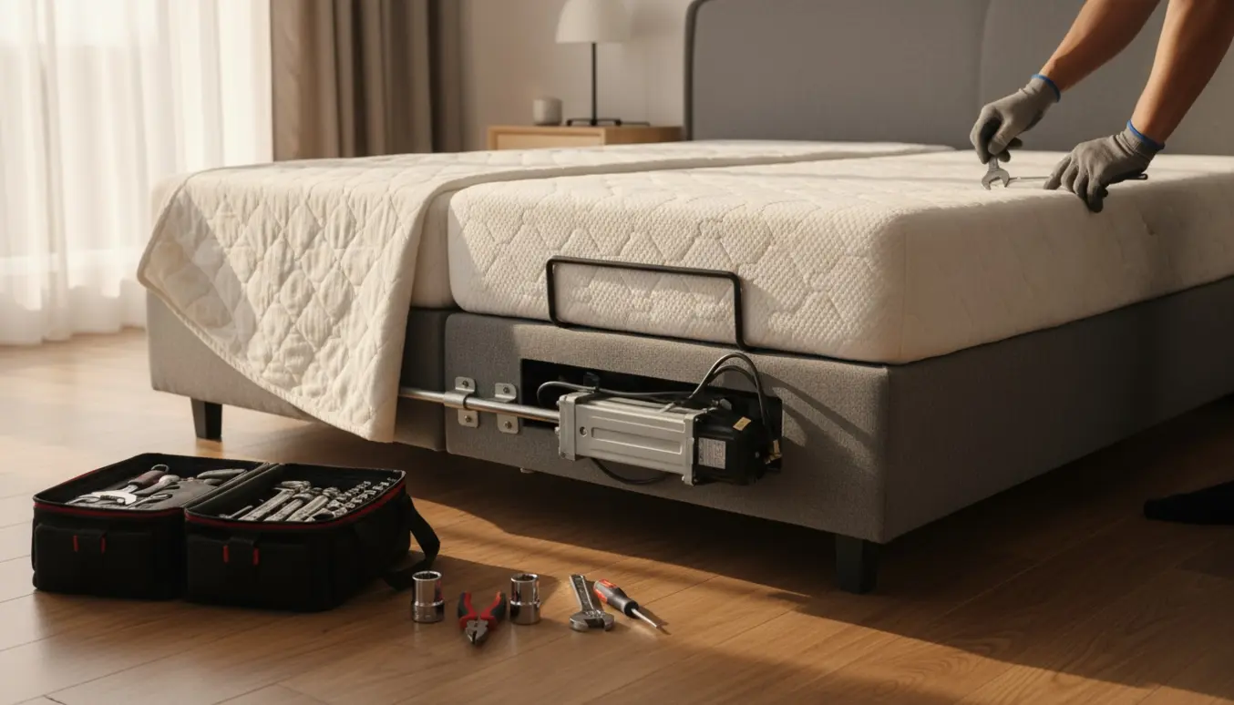 Halvdel af en elektrisk hæve-sænke dobbeltseng er sænket, mens håndværker justerer aktuatorens beslag.