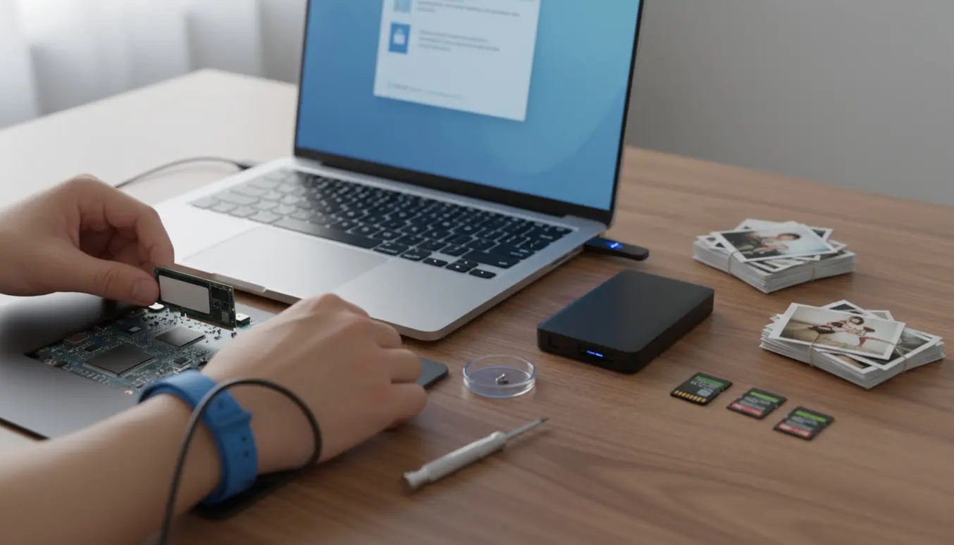 Nærbillede af hænder, der installerer en ny M.2 SSD ved en bærbar computer med billeder og ekstern disk klar til overførsel.