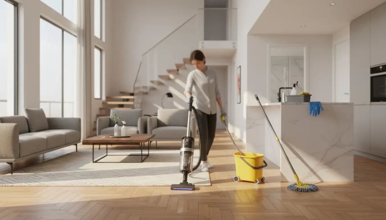 Rengøring i to-etagers lejlighed med støvsuger på tæppe og moppe på parketgulv, rengøringsmidler i baggrunden.