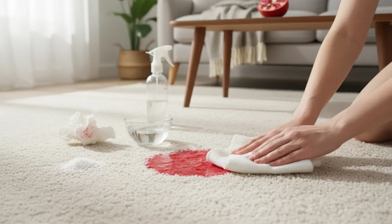 Hænder dupper rød granatæblejuice af et lyst viskosetæppe i en solbeskinnet stue.