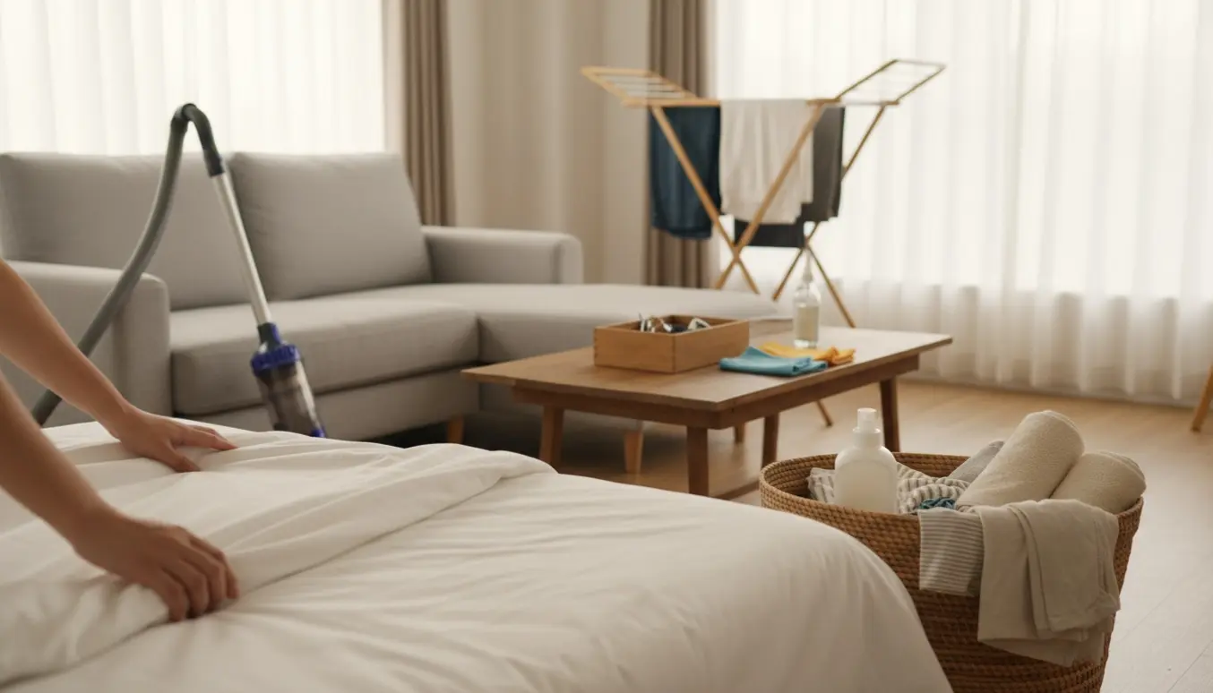 Solbelyst hjem med nyopreddet seng, vasket og foldet tøj samt rengøringsredskaber.