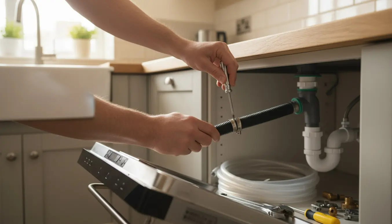Hænder monterer en opvaskemaskines afløbsslange til afløb med gummiadapter og klemme under køkkenvasken.