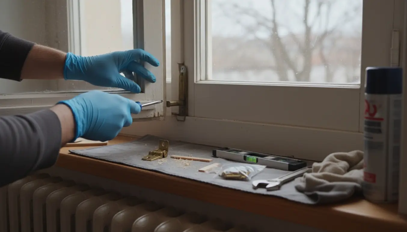 Nærbillede af hænder, der justerer et skævt vindueshængsel med skruetrækker og kiler i koldt dagslys.
