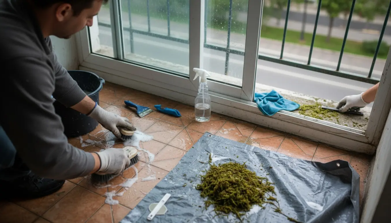 En person skrubber mos væk fra en overdækket altan med skydedøre og værktøj på vindueskarmen.