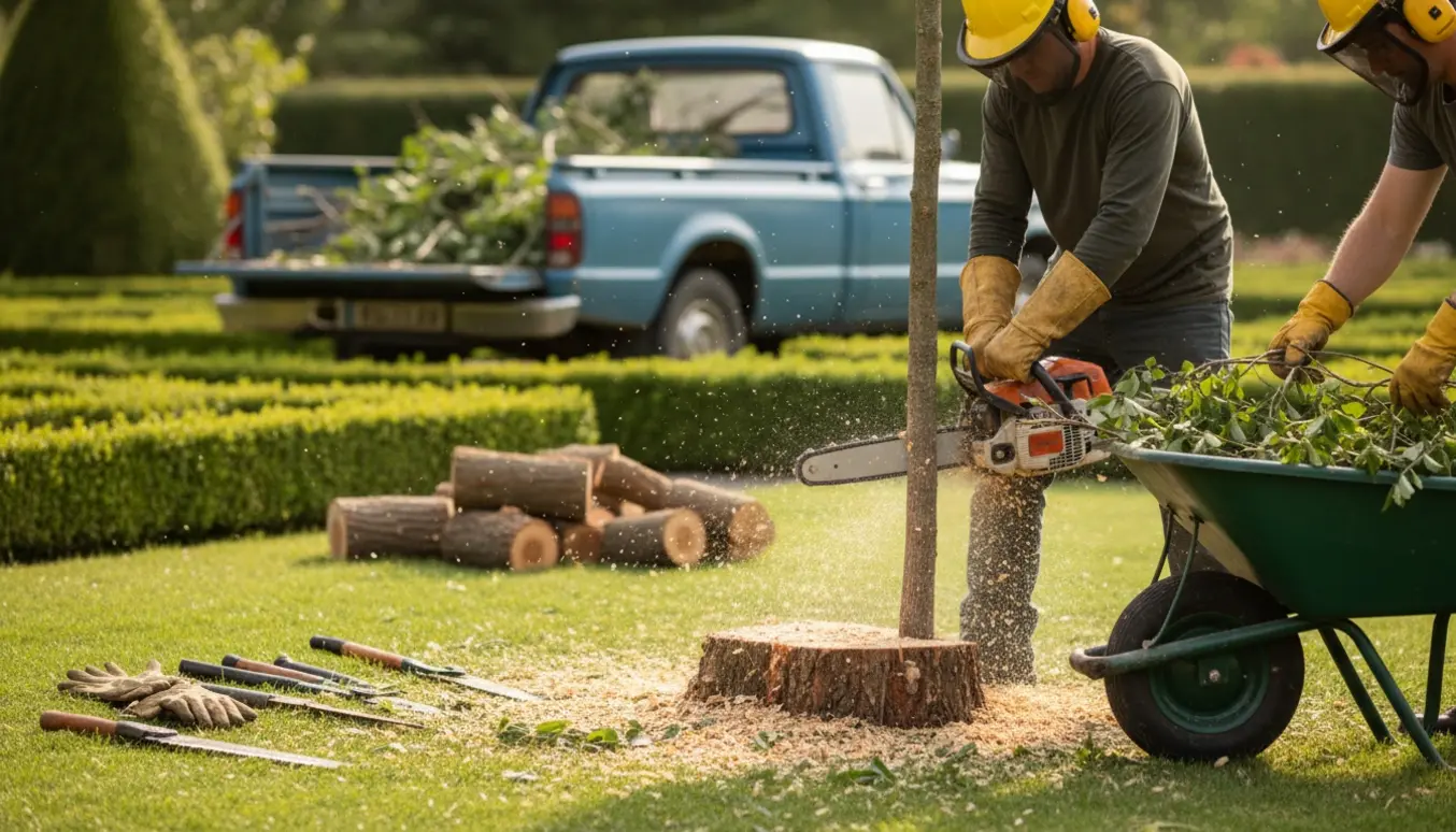 Havearbejder fælder og fjerner træer fra en have med stykker træ og værktøj i forgrunden.