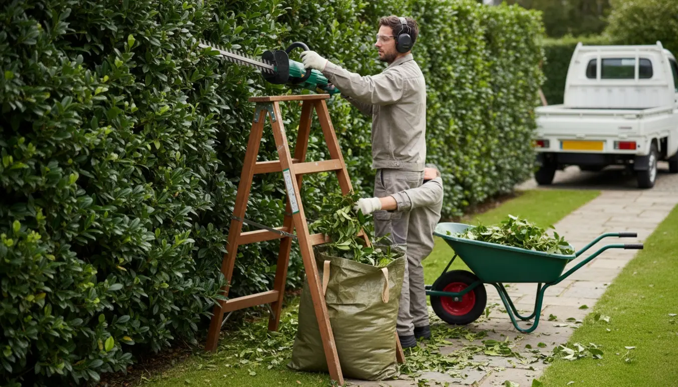 To personer trimmer toppen af en hæk og samler afklip i en trillebør i en solbeskinnet have.