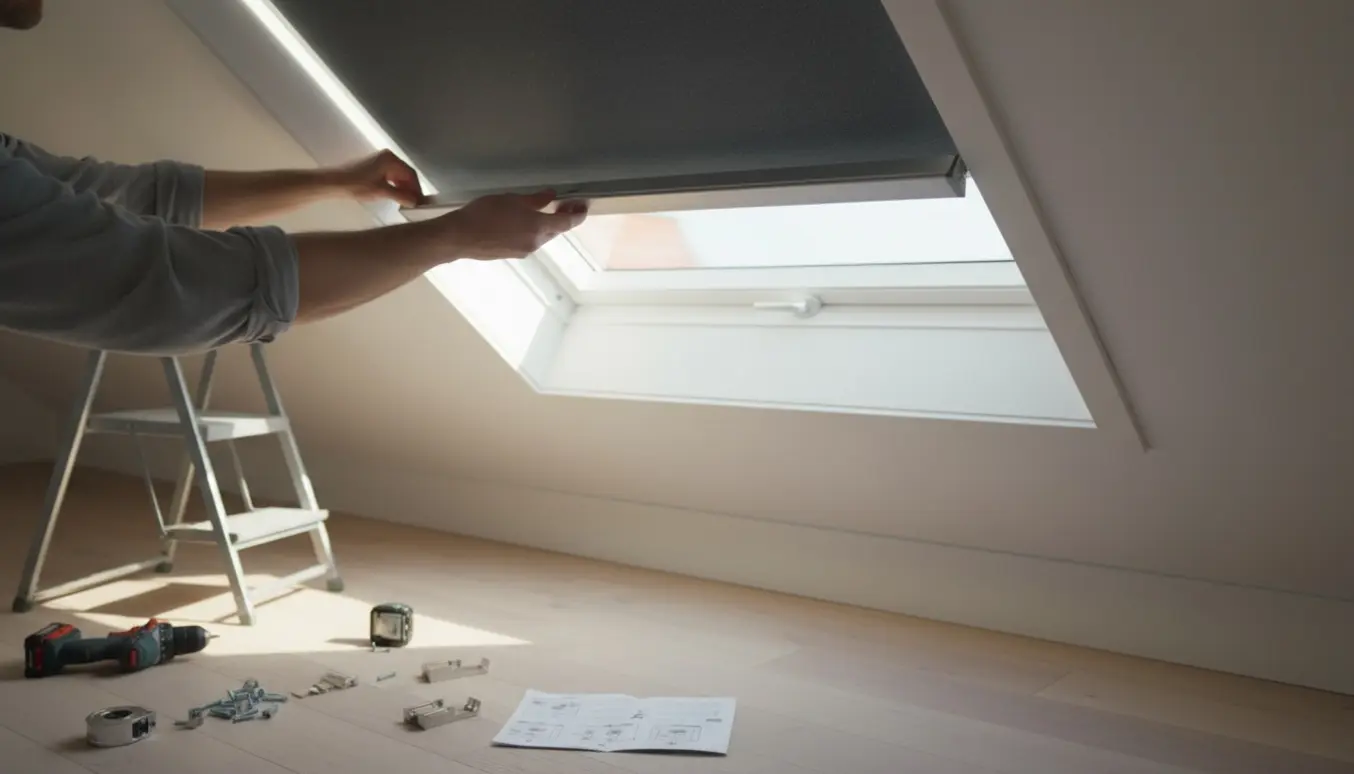 Hænder monterer et mørklægningsgardin på et skråvindue i loftet.