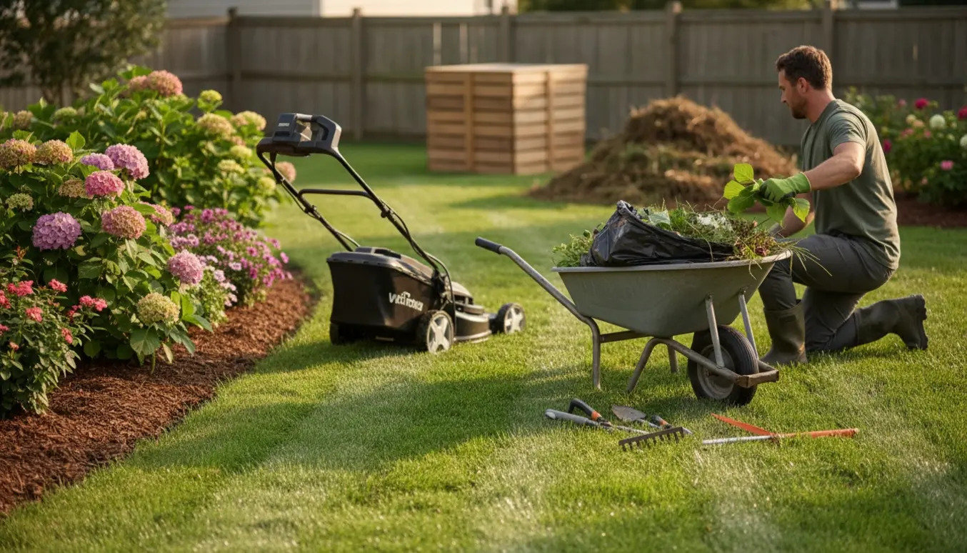 Plæneklipper, trillebør med haveaffald og en person, der fjerner ukrudt i en solrig baghave.